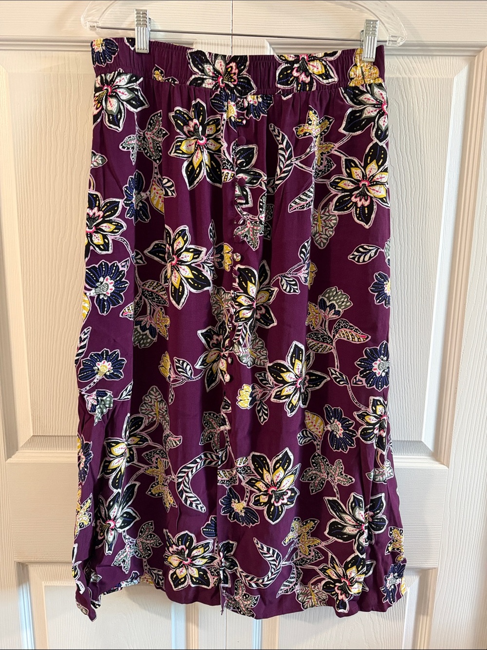 LOFT Plum Floral Midi Skirt with Elastic Waist
